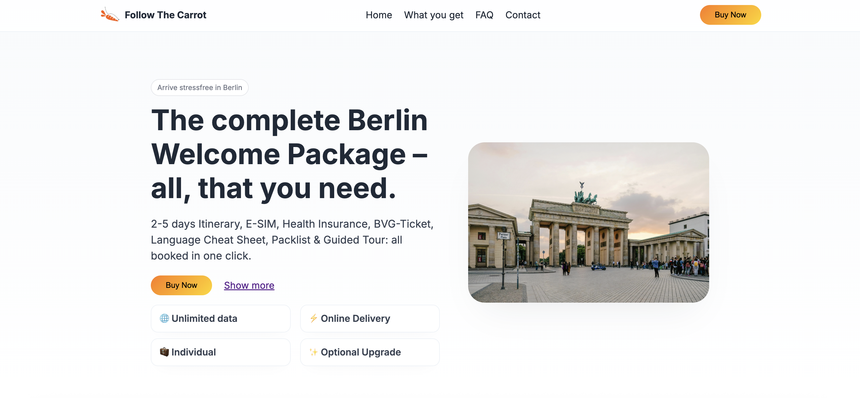 Screenshot der Website follow-the-carrot.com mit Reiseangebot für Berlin
